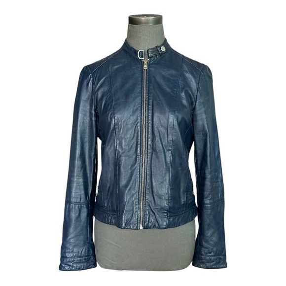 Massimo Dutti Women’s Blue Leather Biker Jacket Zip Front Size M - Picture 2 of 9